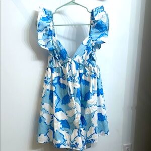 Vestique Blue and White Ruffled Tie Front Mini Dress